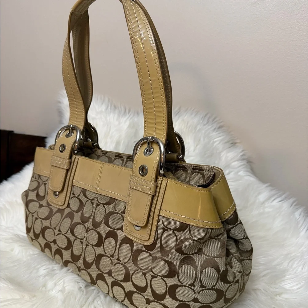 Coach Beige Monogram Shoulder Bag with Cream Trim#F13742